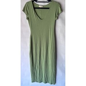 See You Monday Olive Green V Neck Midi‎ Dress Casual Short Sleeve Womens Medium